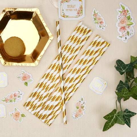 Wholesale Striped Gold Foil Paper Straws - 25 Pack