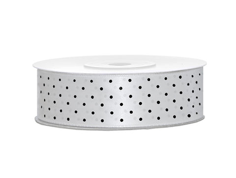 White / Black Spotty Satin Ribbon (25mm / 25m)